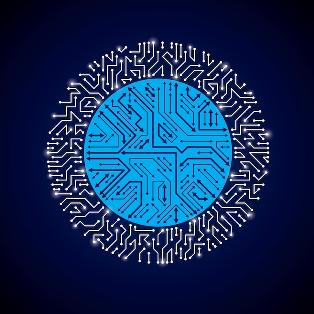 Circuit imprimé bleu luminescent rond avec composants électroniques de dispositif technologique. Abstraction vectorielle cybernétique de carte mère d'ordinateur avec effet flash et flèches.