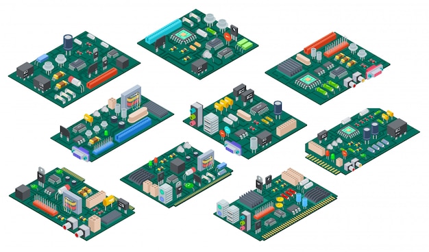 Vecteur circuit imprimé isométrique. carte mère de composants informatiques électroniques. puce semi-conductrice, diode. pièces vectorielles matérielles