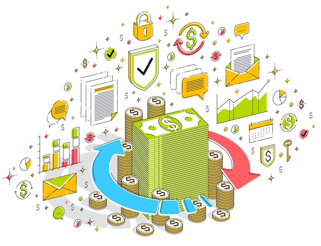Circulation de l'argent, retour sur investissement, change, remise en argent, remboursement de l'argent, des concepts peuvent être utilisés. Vector illustration d'entreprise isométrique 3d avec des icônes, des graphiques de statistiques et des éléments de conception.