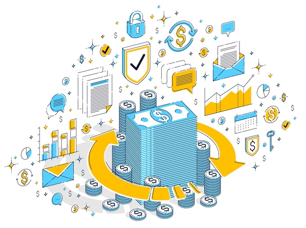Circulation de l'argent, retour sur investissement, change, remise en argent, remboursement de l'argent, des concepts peuvent être utilisés. Vector illustration d'entreprise isométrique 3d avec des icônes, des graphiques de statistiques et des éléments de conception.