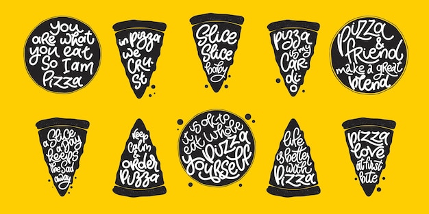 Vecteur citation drôle sur le jeu de timbres de tranches de pizza sur fond jaune. éléments de design vectoriel pour t-shirts, sacs, affiches, cartes, autocollants et menus