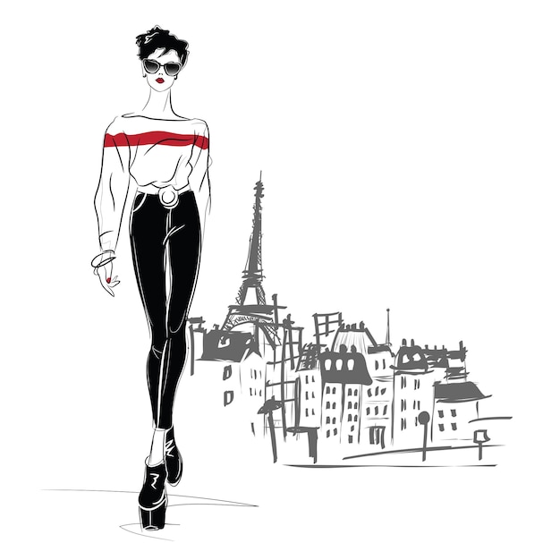 Vecteur citation de mode avec une femme de mode dans un style de croquis. illustration vectorielle