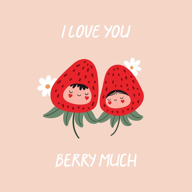 Vecteur citation de personnages mignons aux fraises je t'aime berry beaucoup carte de saint valentin illustration vectorielle