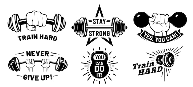 Vecteur citations de motivation de gym. fitness inspirant, musculation forte et haltère à la main.