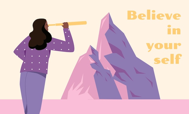 Vecteur citations motivationnelles concept femme regarder à travers le télescope à la montagne croire en vous-même motivation