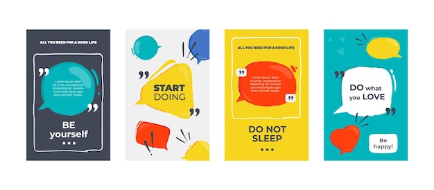 Citer des cadres. Affiches colorées avec cadres et texte de motivation, dialogue et bulles d'opinion. Bannières graphiques créatives de citation de vecteur