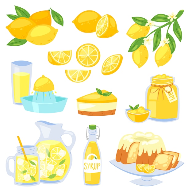 Vecteur citron alimentaire citron agrumes jaunes et limonade fraîche ou illustration de jus naturel ensemble de gâteau au citron avec de la confiture et du sirop citrique isolé sur fond blanc