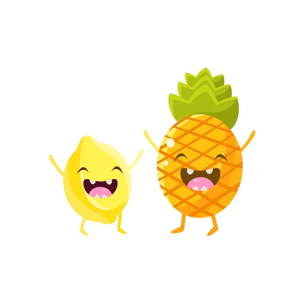 Citron et ananas dessin animé amis coloré drôle plat vecteur isolé Illustration sur fond blanc
