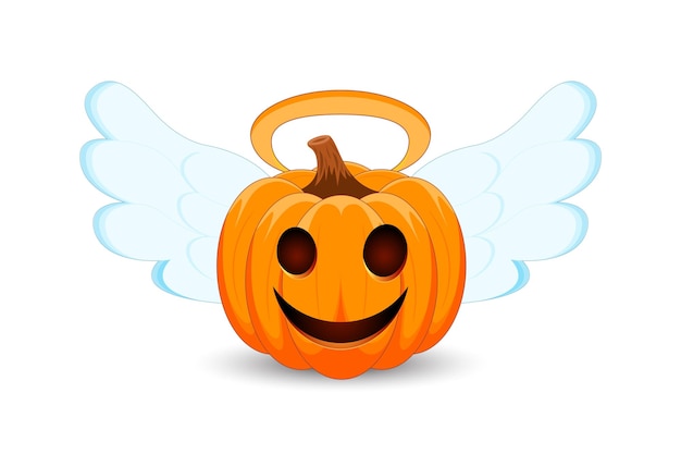 Citrouille avec ailes d'ange et nimbus sur fond blanc Le symbole principal des joyeuses fêtes d'Halloween