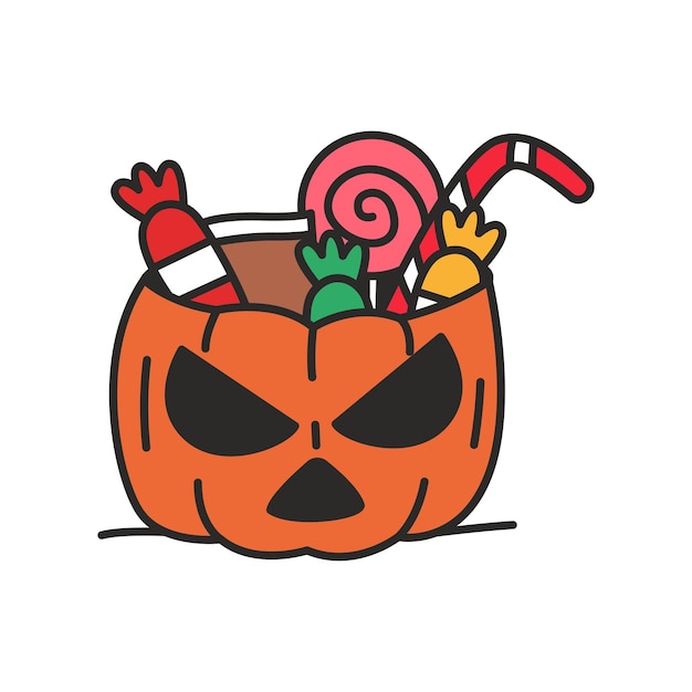 Citrouille d'Halloween avec bonbons et friandises Illustration vectorielle en style doodle