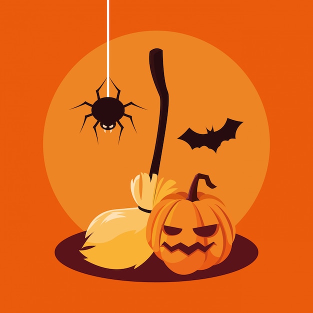 Vecteur citrouille d'halloween avec chauve-souris et araignée