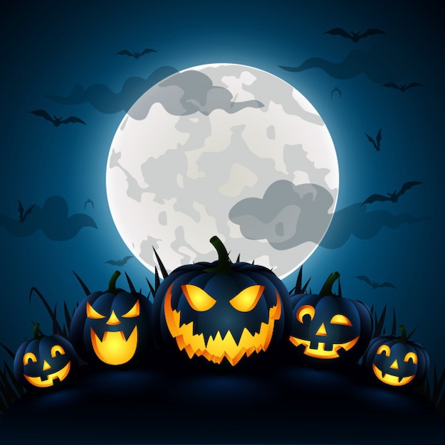 Citrouille d&#39;Halloween avec une lune bleue, illustration vectorielle