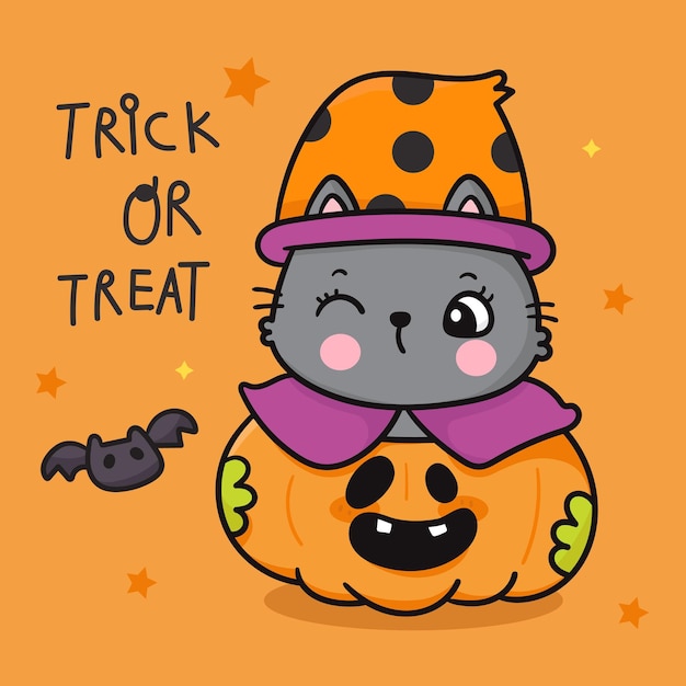 Vecteur citrouille d'halloween mignonne et chat de sorcière trick or treat kawaii cartoon