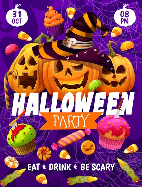 Citrouilles et bonbons de dessin animé de flyer de fête d'halloween