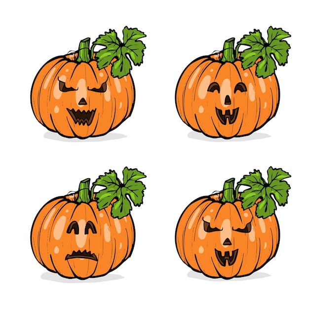 citrouilles avec différents visages pour Halloween avec des feuilles vertes, croquis dessinés à la main