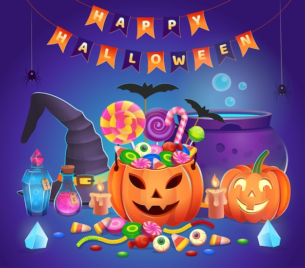 Citrouilles D'halloween Avec Des Bonbons, Chapeau De Sorcière, Chaudron, Potions, Cristaux Et Bougies. Illustration De Dessin Animé. Icône Pour Jeux Et Application Mobile.