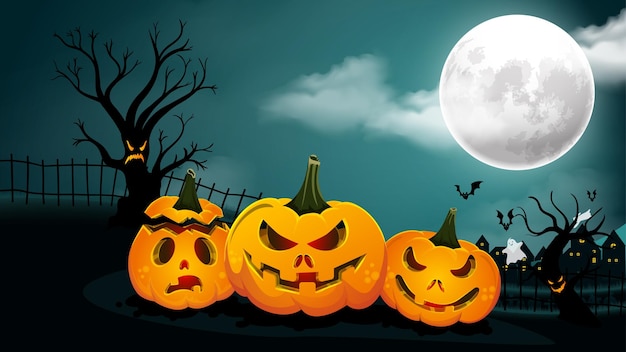 Vecteur citrouilles d'halloween contre la ville d'horreur sombre pleine de fantômes et de bains et de fond d'arbres effrayants