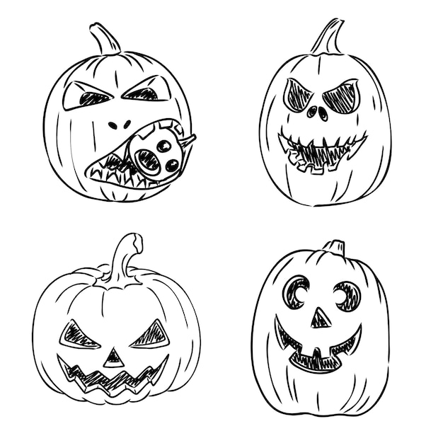 Citrouilles d'halloween dessin à la main style de croquis de doodle serti de différentes expressions faciales