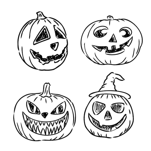 Citrouilles D'halloween Dessin à La Main Style De Croquis De Doodle Serti De Différentes Expressions Faciales