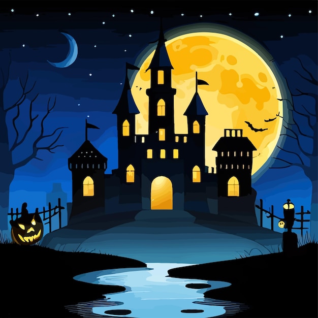 Citrouilles d'Halloween sur route et château sombre sur fond de lune bleue avec illustration vectorielle de chauves-souris