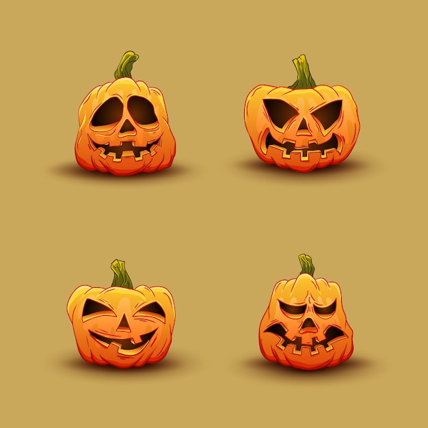 Citrouilles d'Halloween en vecteur avec jeu d'icônes de visage différent. illustration colorée dessinée à la main.