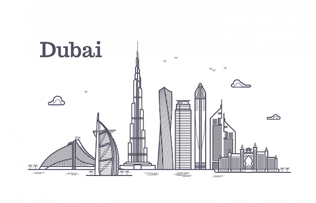 Cityscape de vecteur ligne Dubaï détaillée avec des gratte-ciels