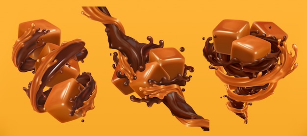 Éclaboussures de chocolat et de caramel, vecteur réaliste 3d