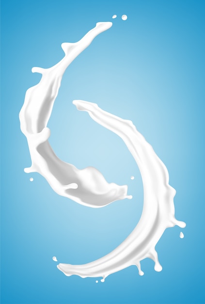 Éclaboussures de lait isolés sur fond bleu. Produit laitier naturel, yaourt ou crème éclaboussée. Illustration réaliste