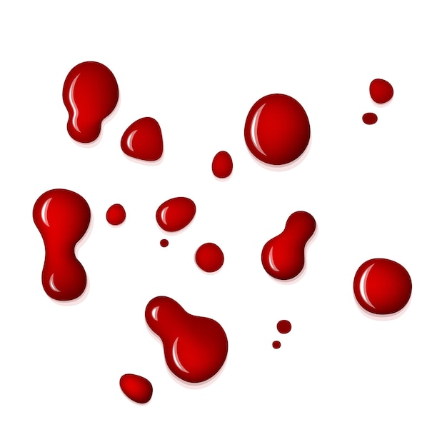 Éclaboussures de rouge sang. Gouttes sur fond blanc. Illustration vectorielle