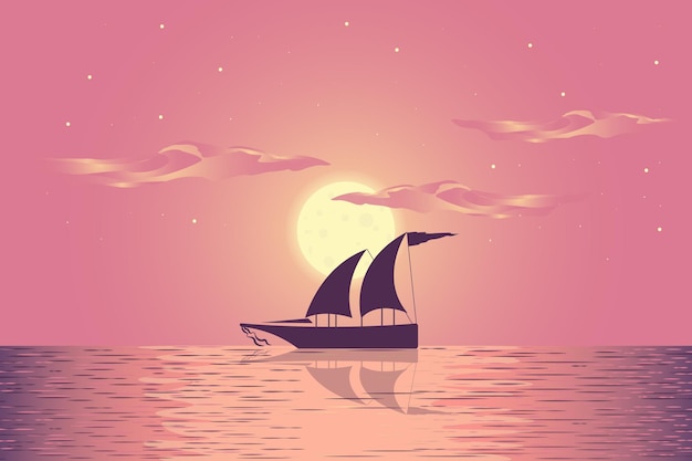 Clair de lune et bateau dans la mer Fond de dessin