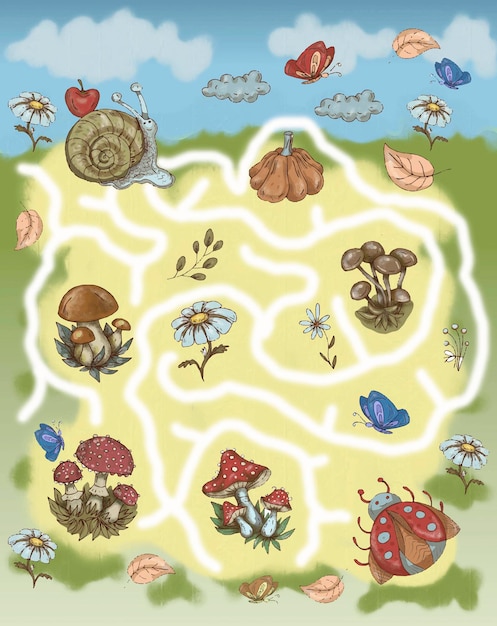 Vecteur clairière avec des champignons fleurs escargot coccinelle labyrinthe jeux d'enfants tâches papillons et insectes