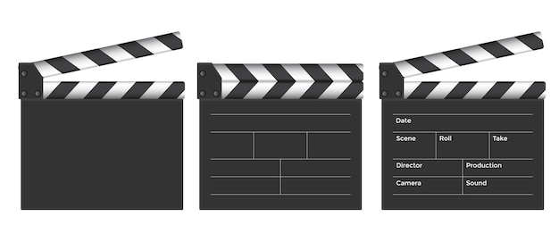 Vecteur claquettes de film panneau de claps de film réaliste ouvert et fermé équipements de cinématographie et de réalisation illustration vectorielle de claquettes de cinéma vierge isolée sur fond blanc