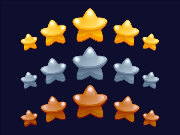 Classement des étoiles du jeu Bonus de niveau de dessin animé et récompense gagnante avec modèle graphique de rangée d'étoiles pour élément d'interface de jeu 2D mobile Ensemble vectoriel