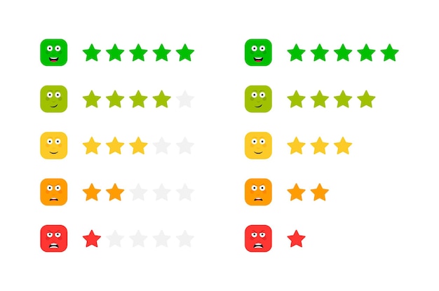 Classement Par étoiles Avec Une émotion De Visage Différente. échelle De Rétroaction. Ensemble D'émoticônes En Colère, Triste, Neutre, Satisfait Et Heureux.