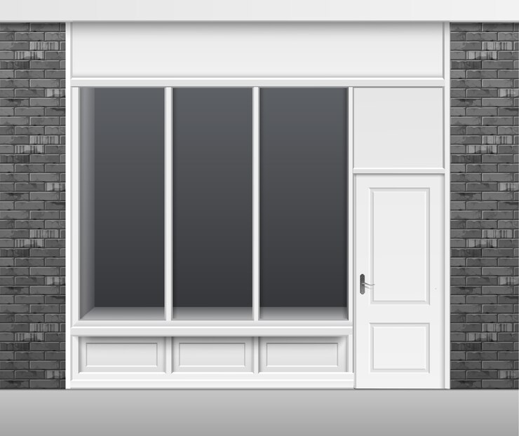 Vecteur classic shop boutique building store avant avec vitrine en verre, porte fermée et place pour le nom isolé sur fond blanc