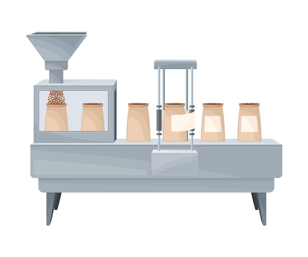 Classification Des Grains De Café Torréfiés Dans Des Sacs En Papier Avec Illustration Vectorielle Du Convoyeur