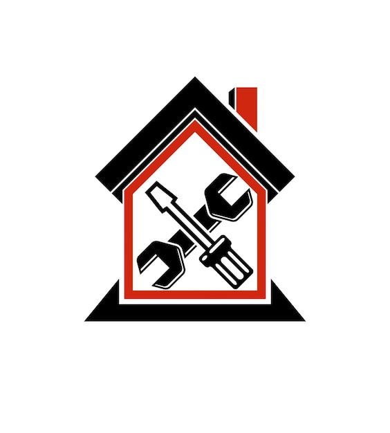 Vecteur clé et tournevis croisés, thème industriel, symbole de l'atelier. maison vectorielle simple avec outils de travail, idée de reconstruction de maison.