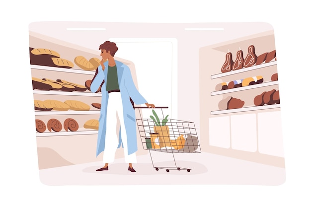 Client Choisissant Une Boulangerie, Faisant Des Achats à L'épicerie. Acheteur Avec Panier Dans L'allée Avec étagères, Achat De Pain Au Supermarché. Scène De La Vie Quotidienne Dans Un Hypermarché Alimentaire. Illustration Vectorielle Plane