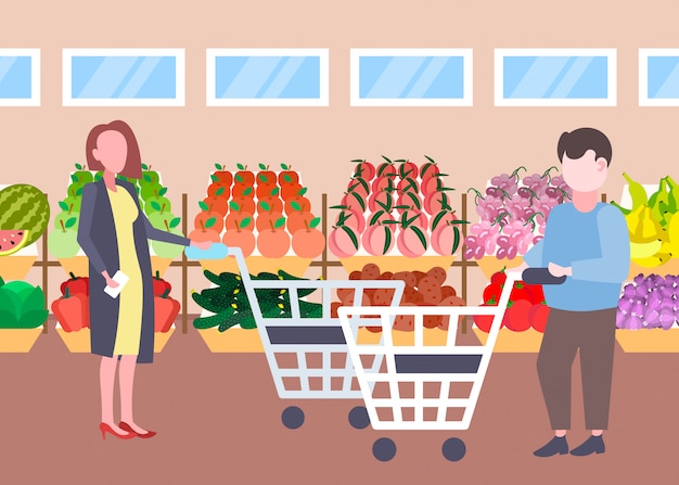 Client Femme Holding Chariot Chariot Achat Frais Fruits Bio Fruits Légumes Moderne Supermarché Centre Commercial Intérieur Dessin Animé Personnages Pleine Longueur Plat Horizontal