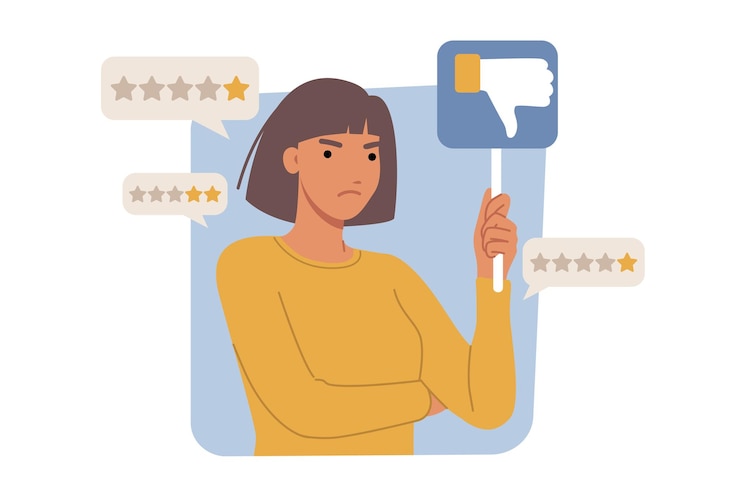 Vecteur une cliente insatisfaite donne de mauvaises notes et gâche la réputation en raison d'une expérience utilisateur négative