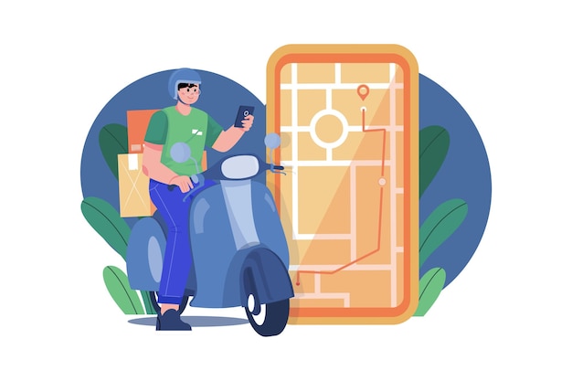 Vecteur clients commandant sur l'application mobile le motard se déplace selon la carte gps