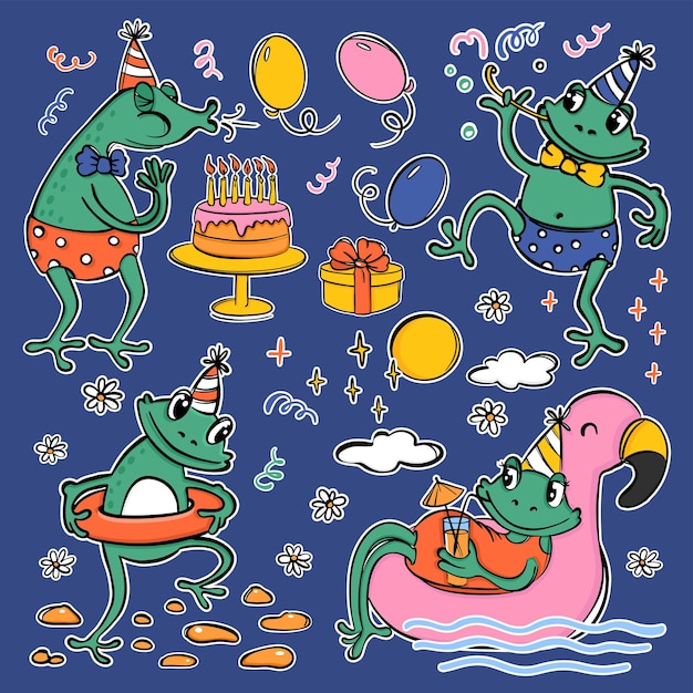 Vecteur clipart d'anniversaire enfants grenouilles mignonnes se reposant à l'extérieur vector set