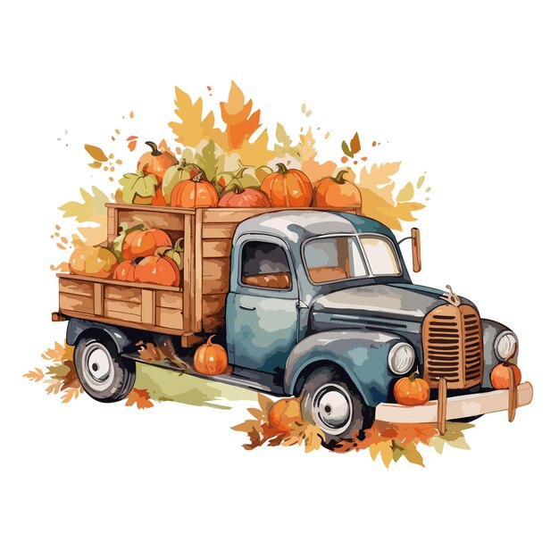 Clipart d'aquarelle de camion d'automne avec une citrouille sur fond blanc
