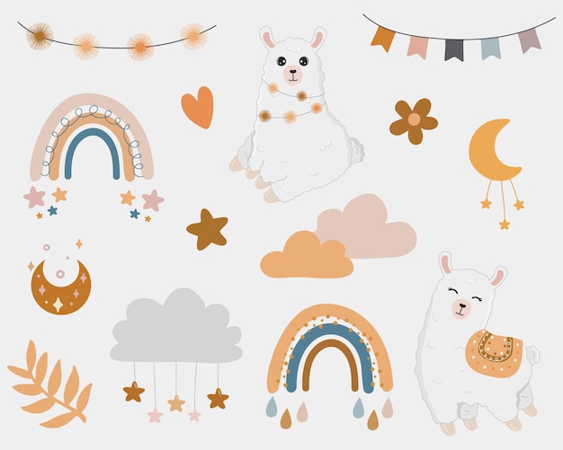 Vecteur clipart boho de vecteur pour la décoration de pépinière avec des arcs-en-ciel mignons lune alpaga lama nuage étoiles illustration moderne parfait pour la fête des enfants d'anniversaire de douche de bébé