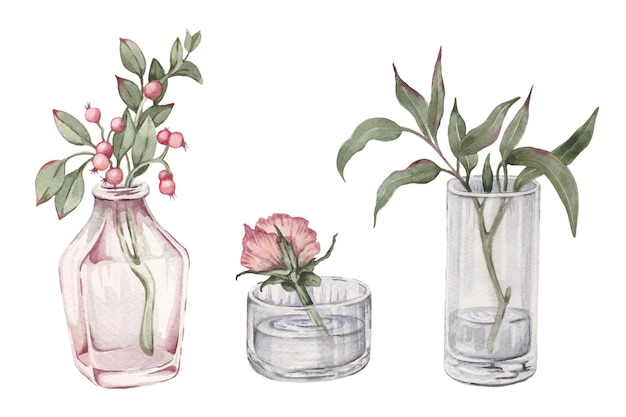 Vecteur un clipart de brindilles d'aquarelle et un bourgeon avec une rose