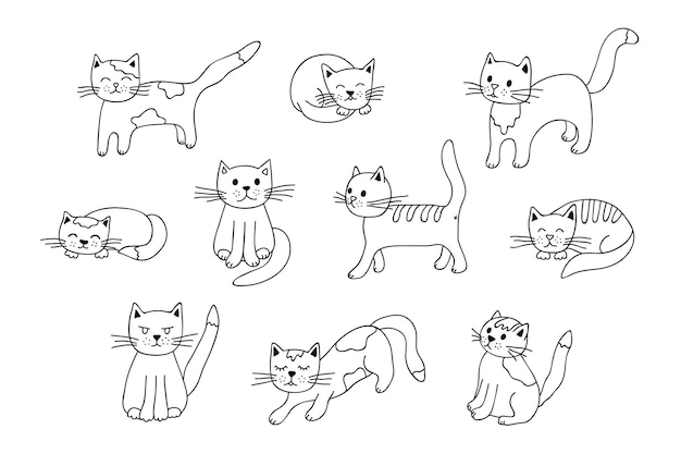 Clipart de chat dessiné à la main ensemble de doodle mignon pour animaux de compagnie