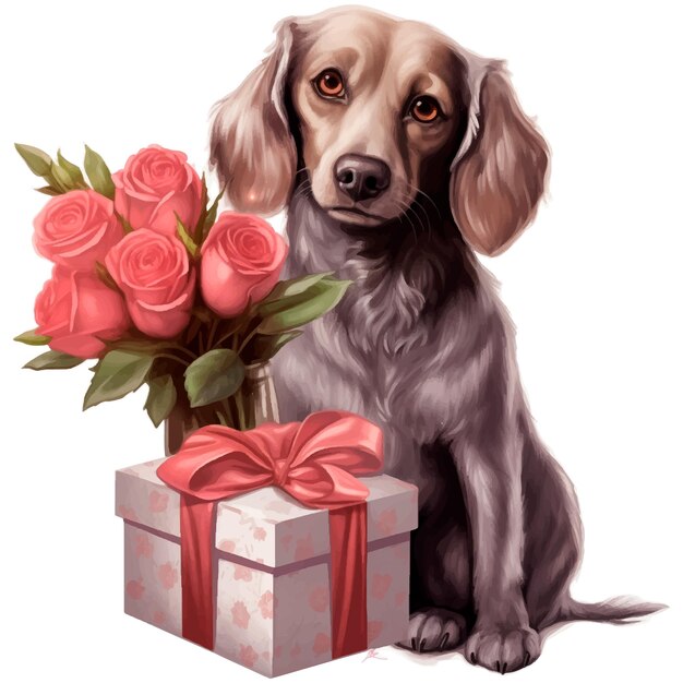 Clipart De Chien à L'aquarelle Avec Cadeau Et Fleurs