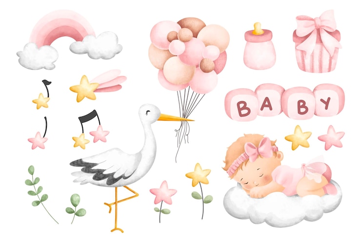 Vecteur clipart de cigogne et de bébé fille. illustration aquarelle. idéal pour la carte et les salutations.