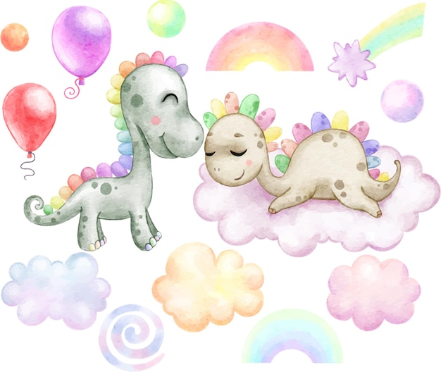 Clipart Avec Des Dinosaures Arc-en-ciel Et Des Nuages étoiles Ballons Peints à L'aquarelle