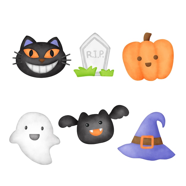 Clipart d'éléments d'Halloween mignon aquarelle.